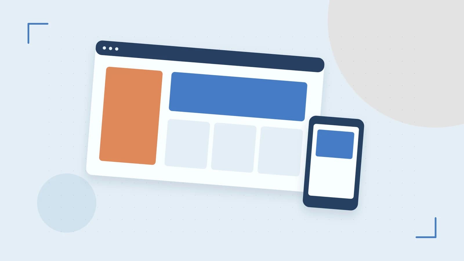 Editorial illustration of responsive browser layouts, overlapping design components and a color system