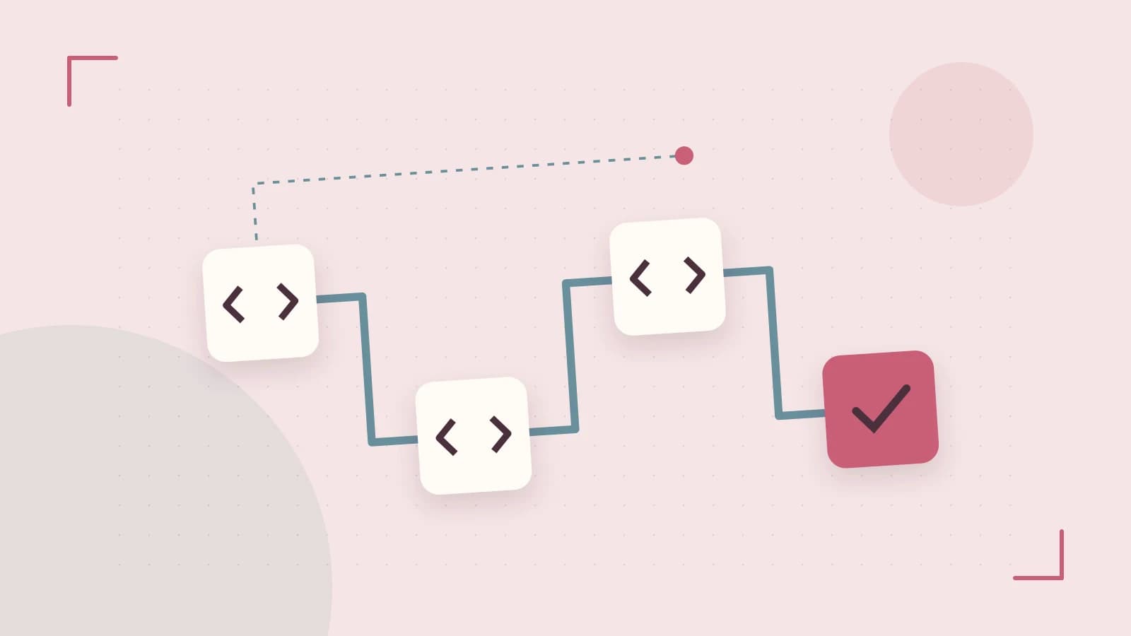 Editorial illustration of a branching build pipeline, staged transformations and a completed check