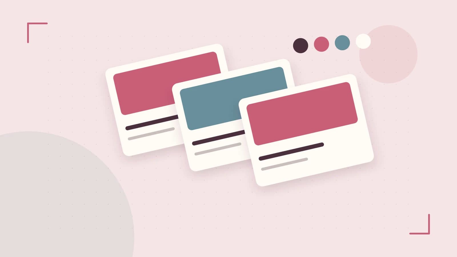 Editorial illustration of responsive browser layouts, overlapping design components and a color system