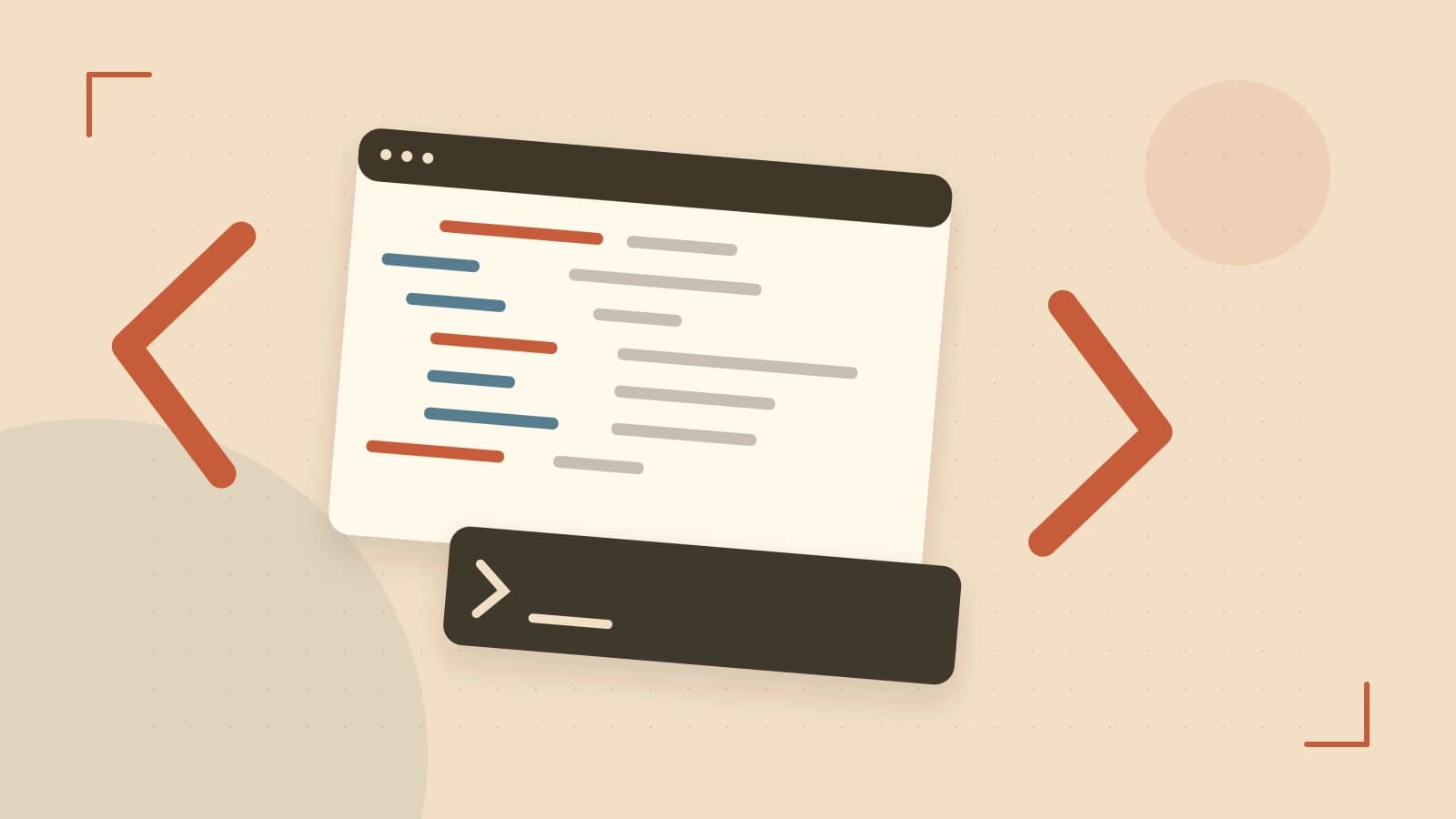 Editorial illustration of an abstract code editor, syntax blocks and oversized programming brackets