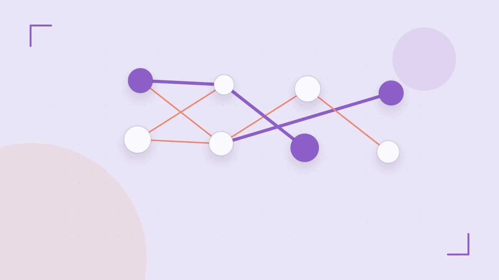 Editorial illustration of an algorithmic node graph with branching paths and a highlighted result