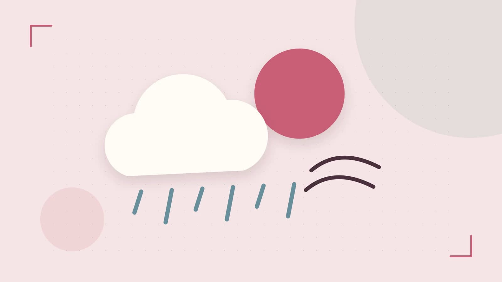 Editorial illustration of a sun, layered clouds, raindrops and flowing weather patterns