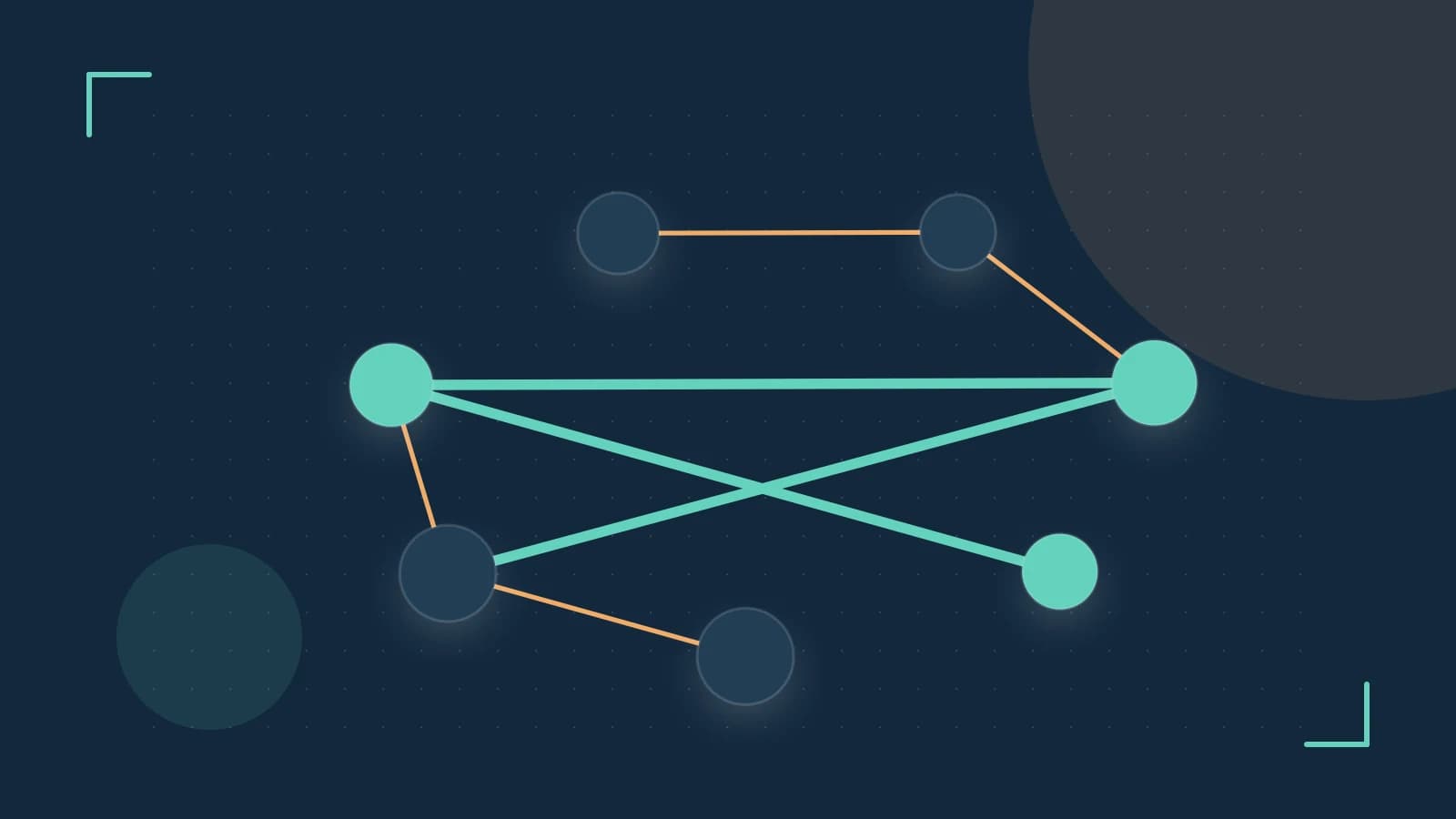 Editorial illustration of an algorithmic node graph with branching paths and a highlighted result