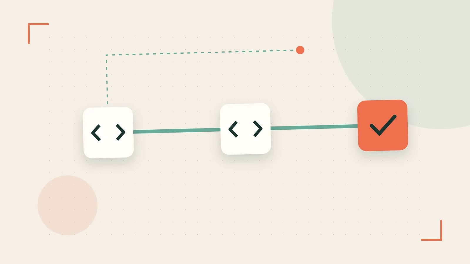 Editorial illustration of a branching build pipeline, staged transformations and a completed check