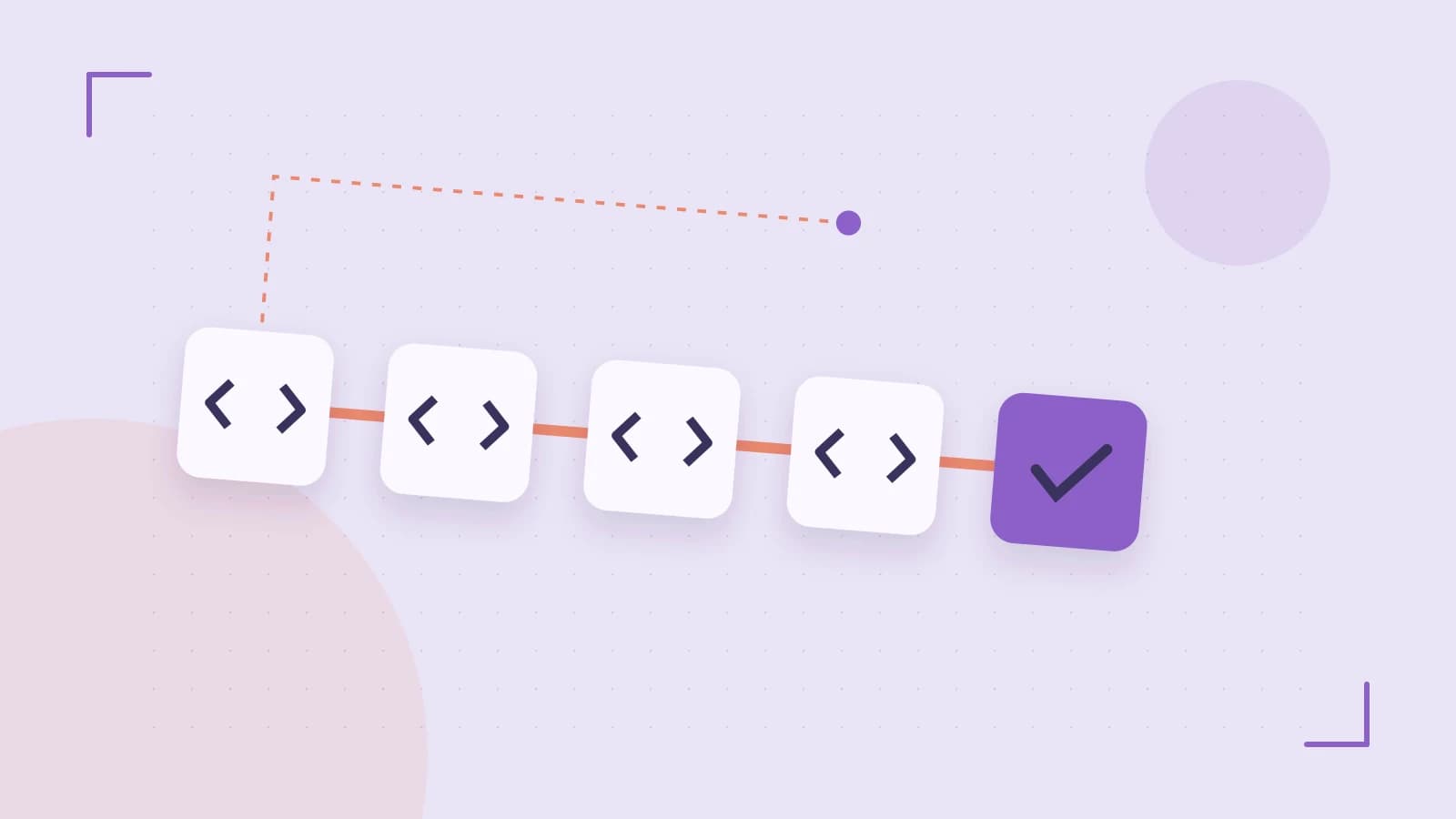 Editorial illustration of a branching build pipeline, staged transformations and a completed check