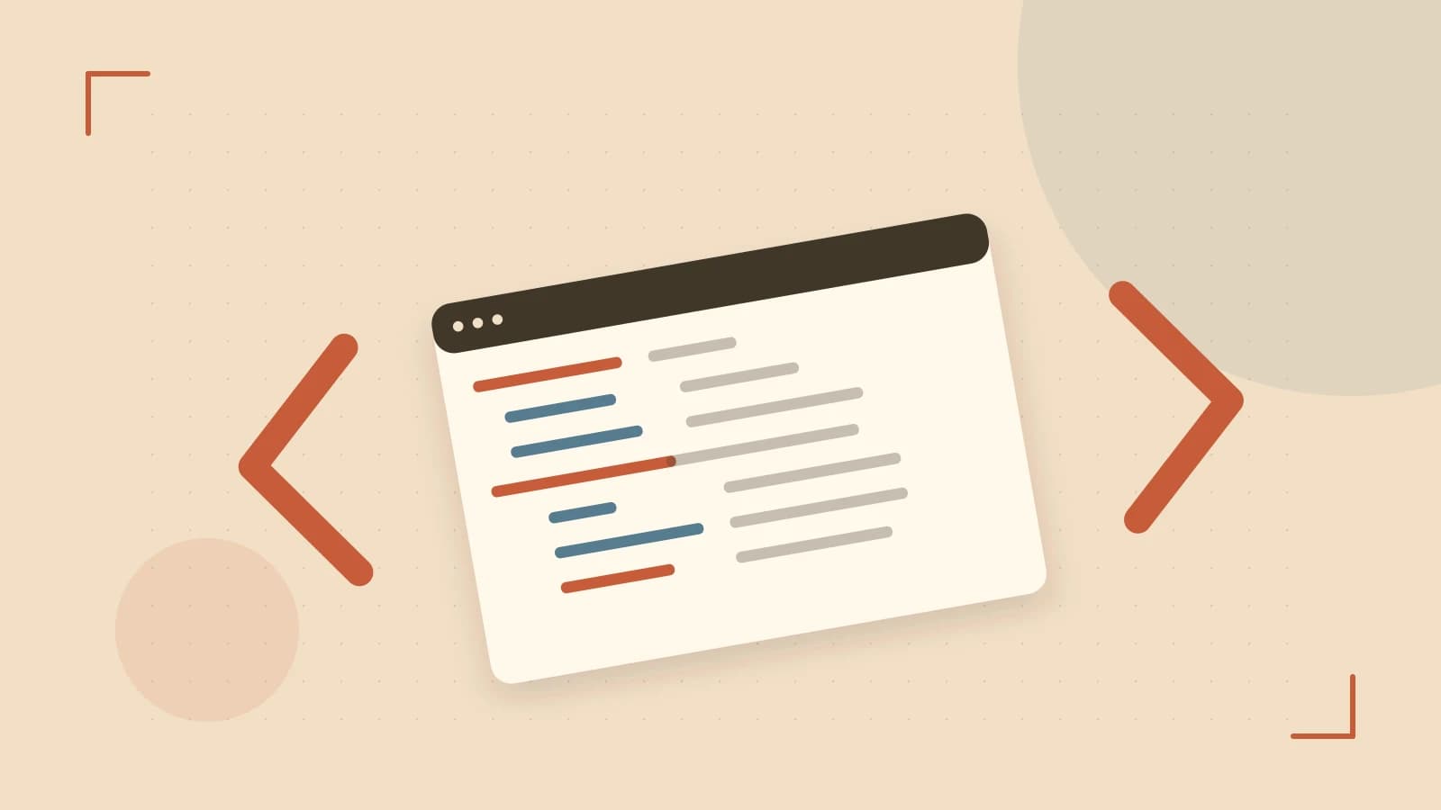 Editorial illustration of an abstract code editor, syntax blocks and oversized programming brackets