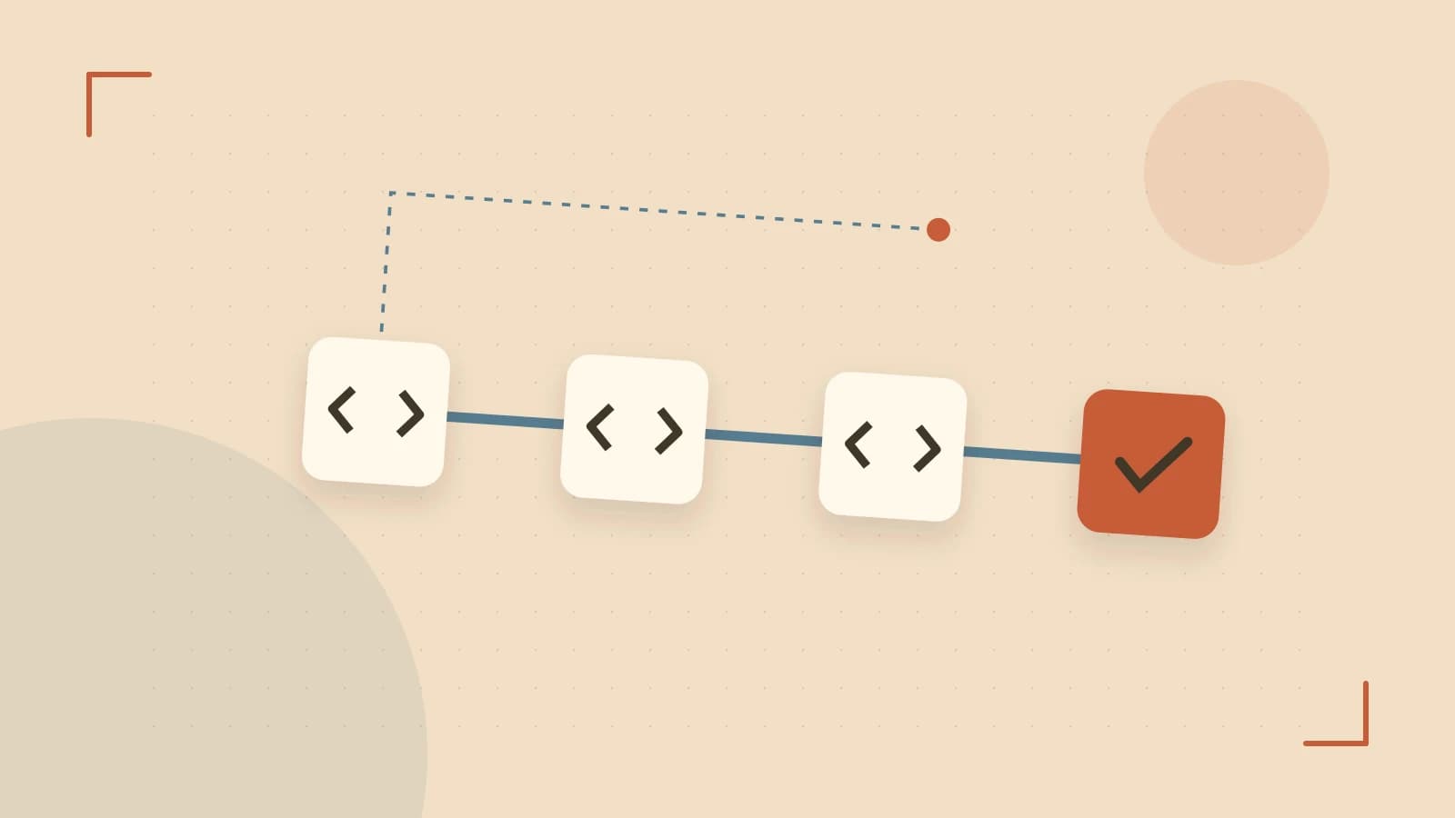 Editorial illustration of a branching build pipeline, staged transformations and a completed check