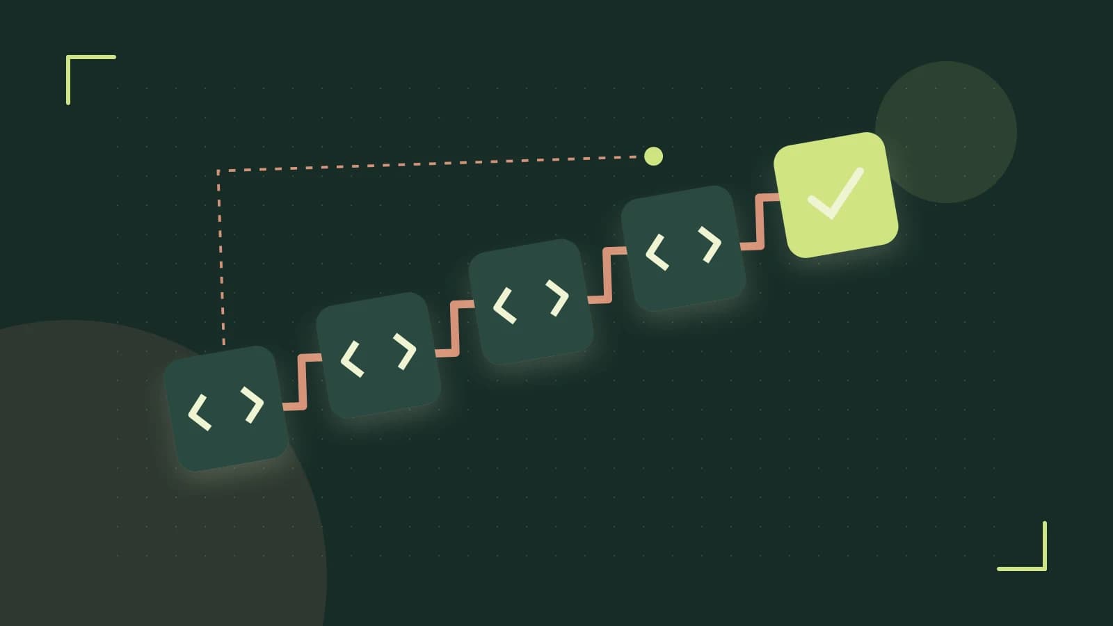 Editorial illustration of a branching build pipeline, staged transformations and a completed check
