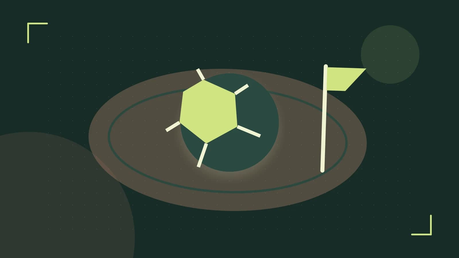 Editorial illustration of a stylized sports ball, stadium geometry and dynamic arcs