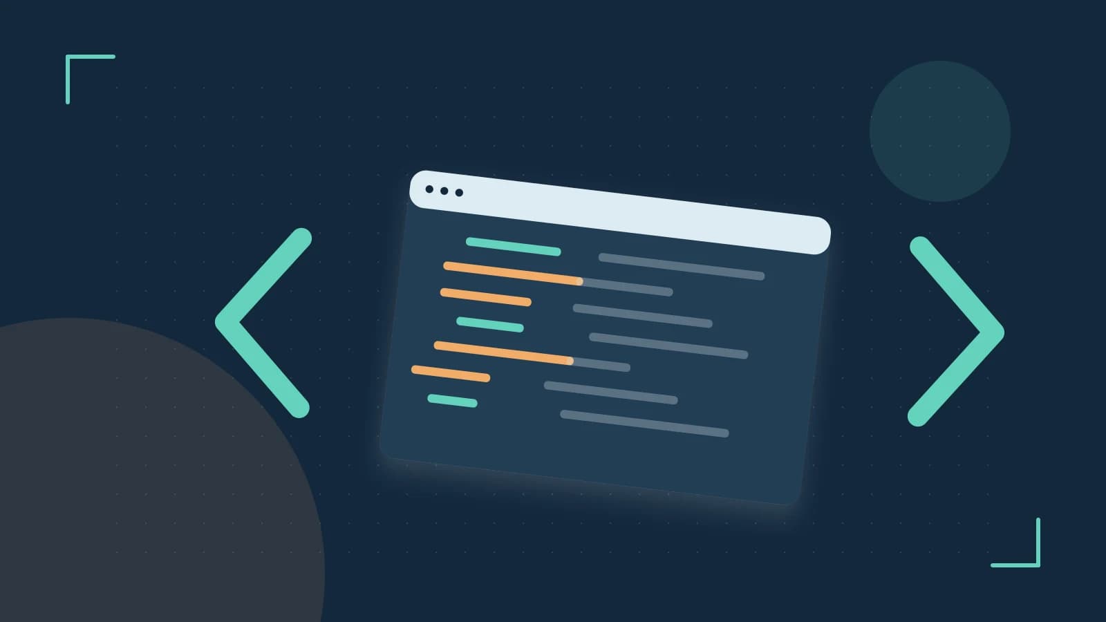 Editorial illustration of an abstract code editor, syntax blocks and oversized programming brackets