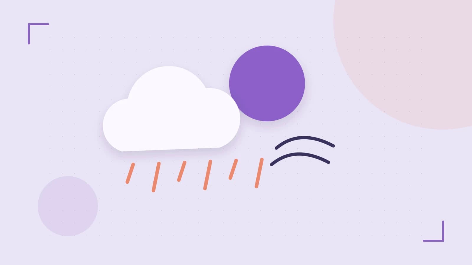 Editorial illustration of a sun, layered clouds, raindrops and flowing weather patterns