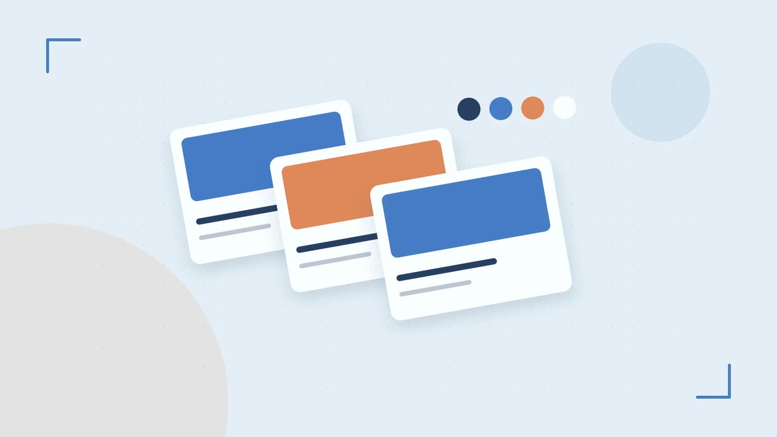 Editorial illustration of responsive browser layouts, overlapping design components and a color system