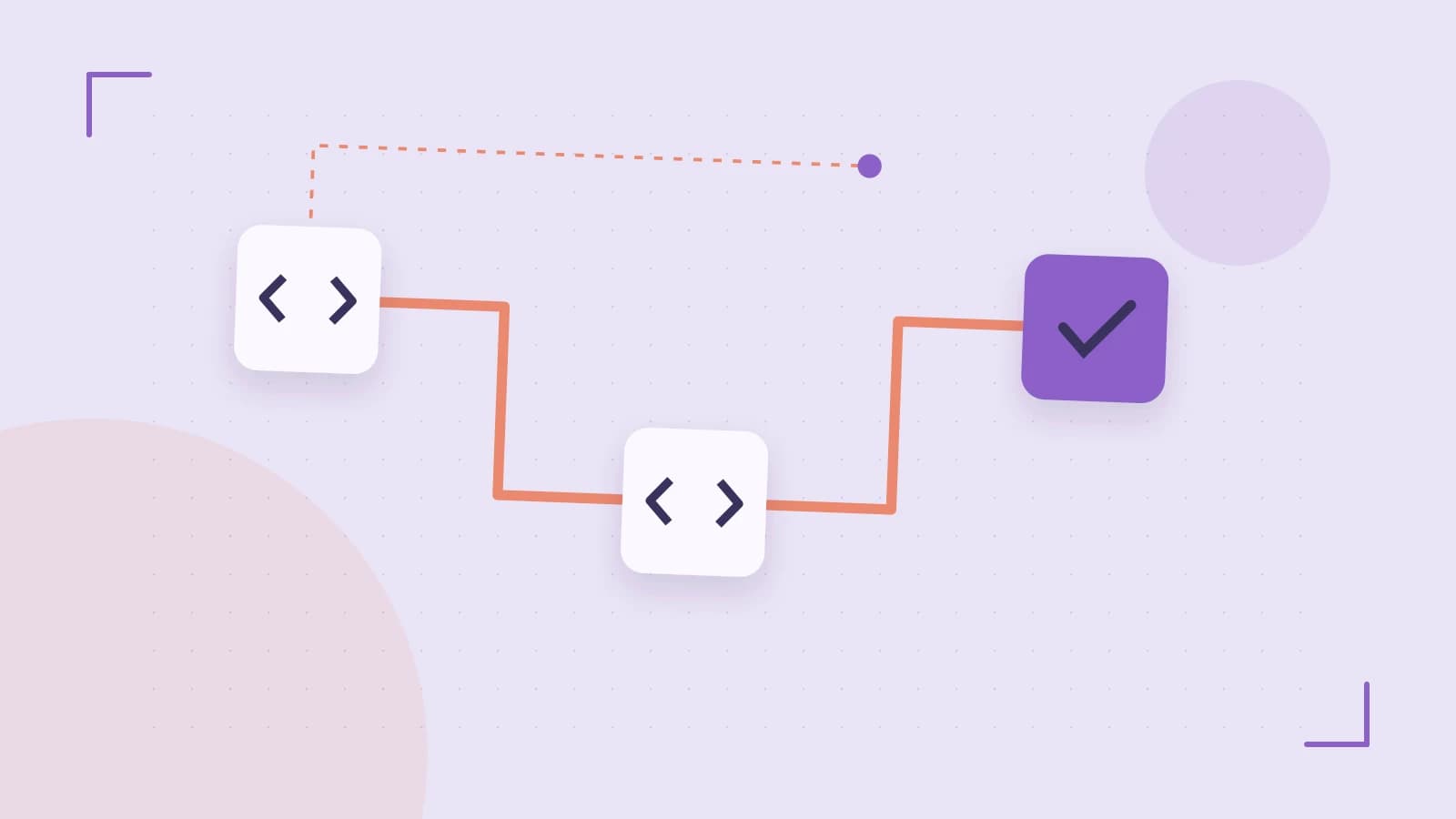 Editorial illustration of a branching build pipeline, staged transformations and a completed check