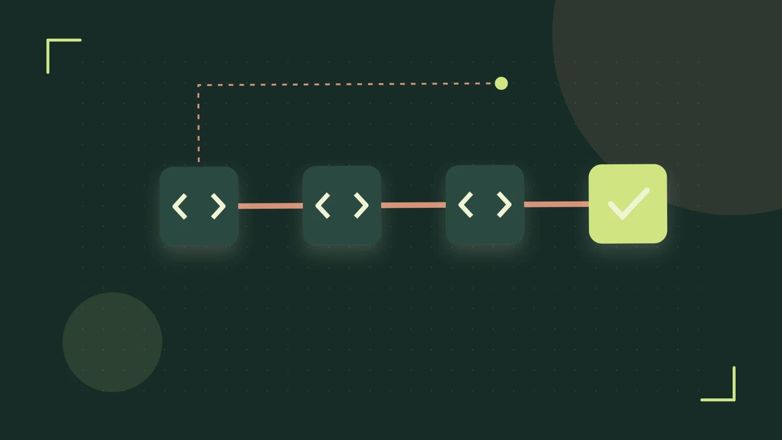 Editorial illustration of a branching build pipeline, staged transformations and a completed check