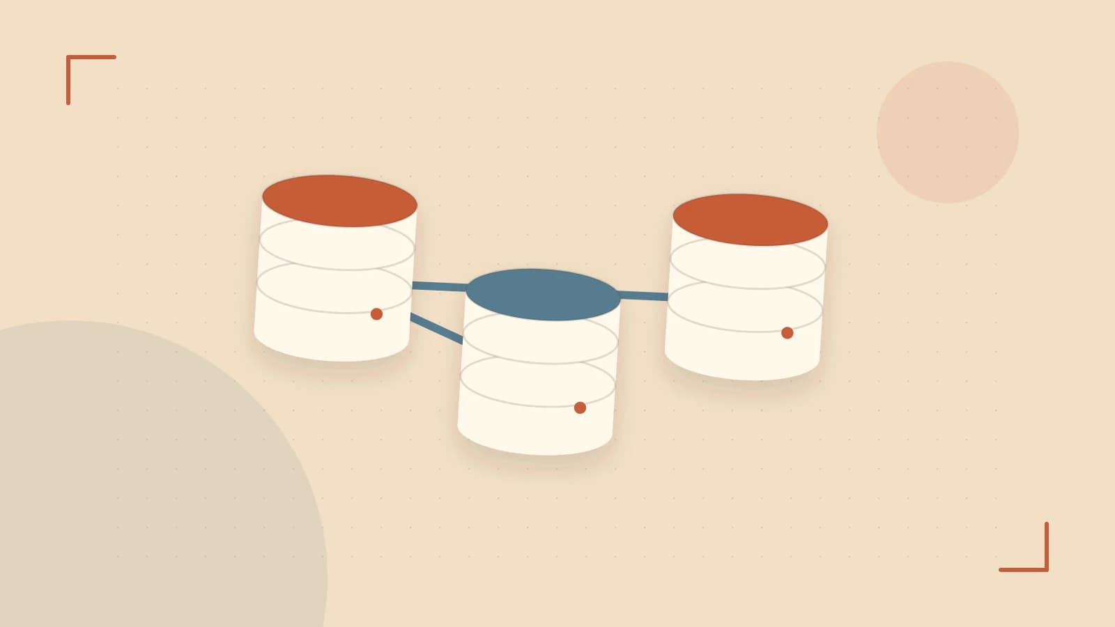 Editorial illustration of structured records, database cylinders and relationships between tables