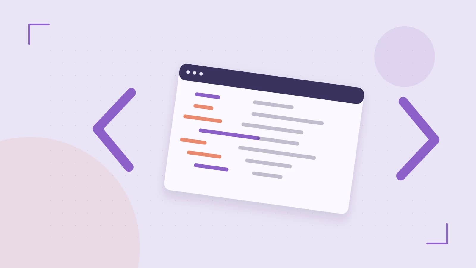 Editorial illustration of an abstract code editor, syntax blocks and oversized programming brackets