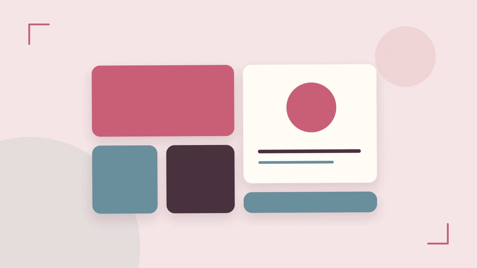 Editorial illustration of responsive browser layouts, overlapping design components and a color system