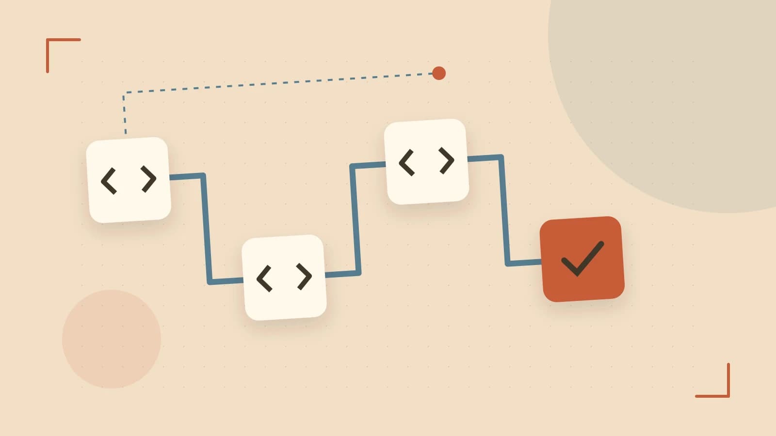 Editorial illustration of a branching build pipeline, staged transformations and a completed check