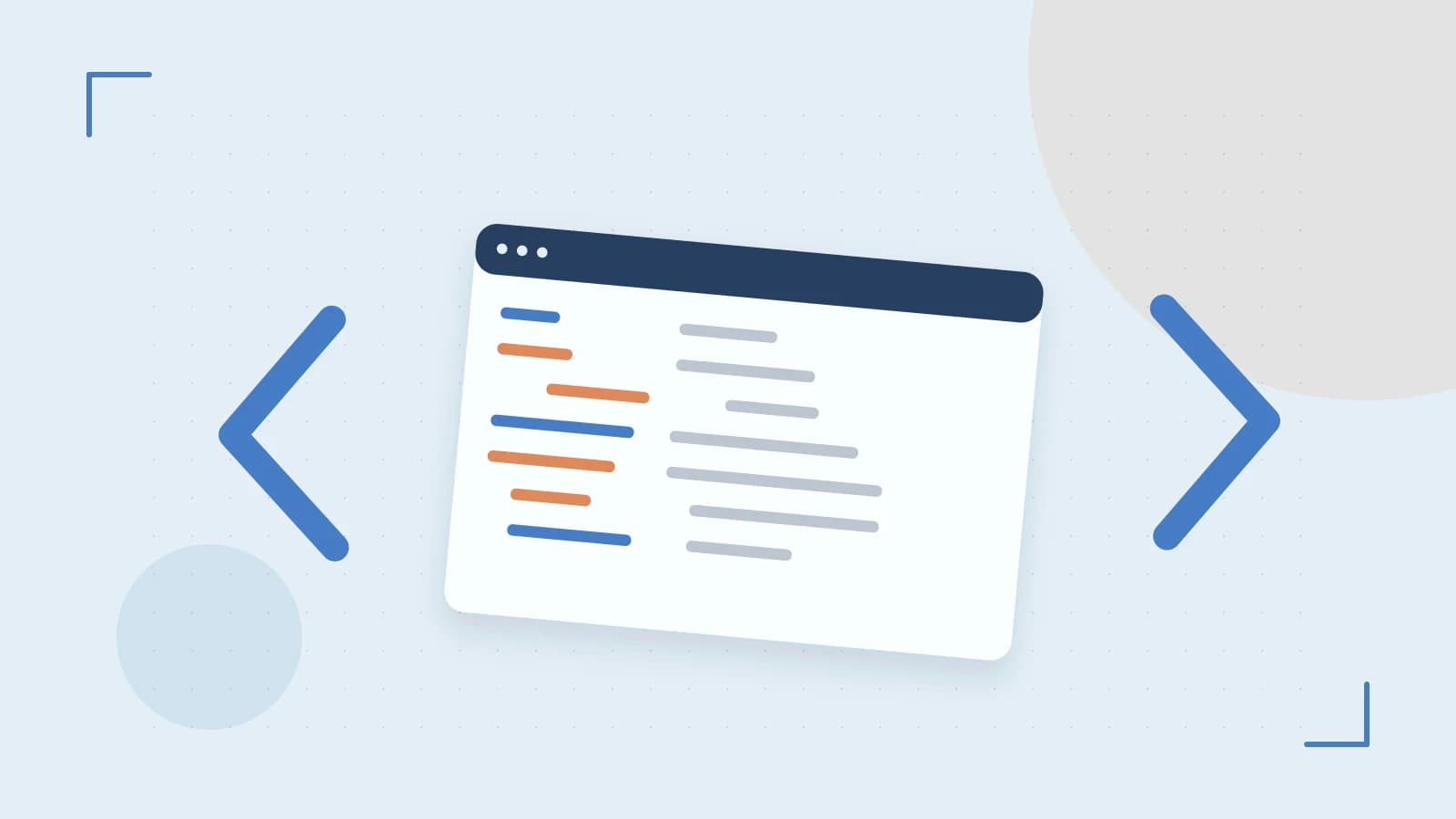 Editorial illustration of an abstract code editor, syntax blocks and oversized programming brackets