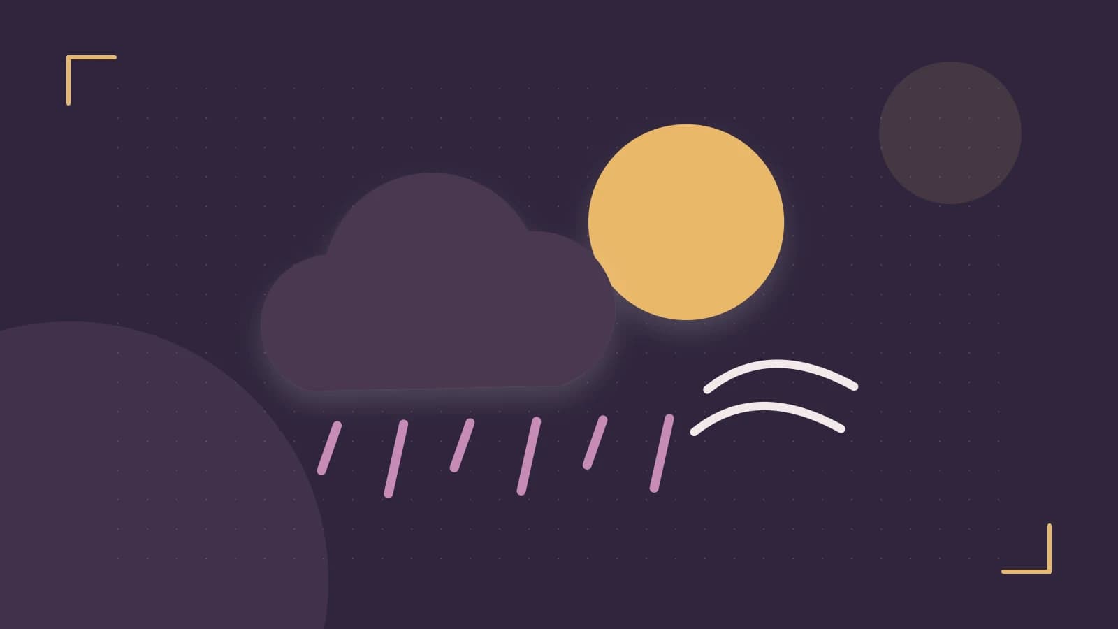 Editorial illustration of a sun, layered clouds, raindrops and flowing weather patterns