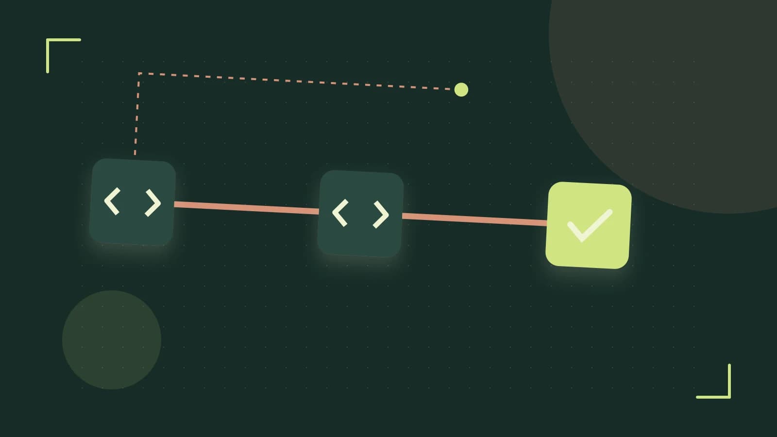Editorial illustration of a branching build pipeline, staged transformations and a completed check