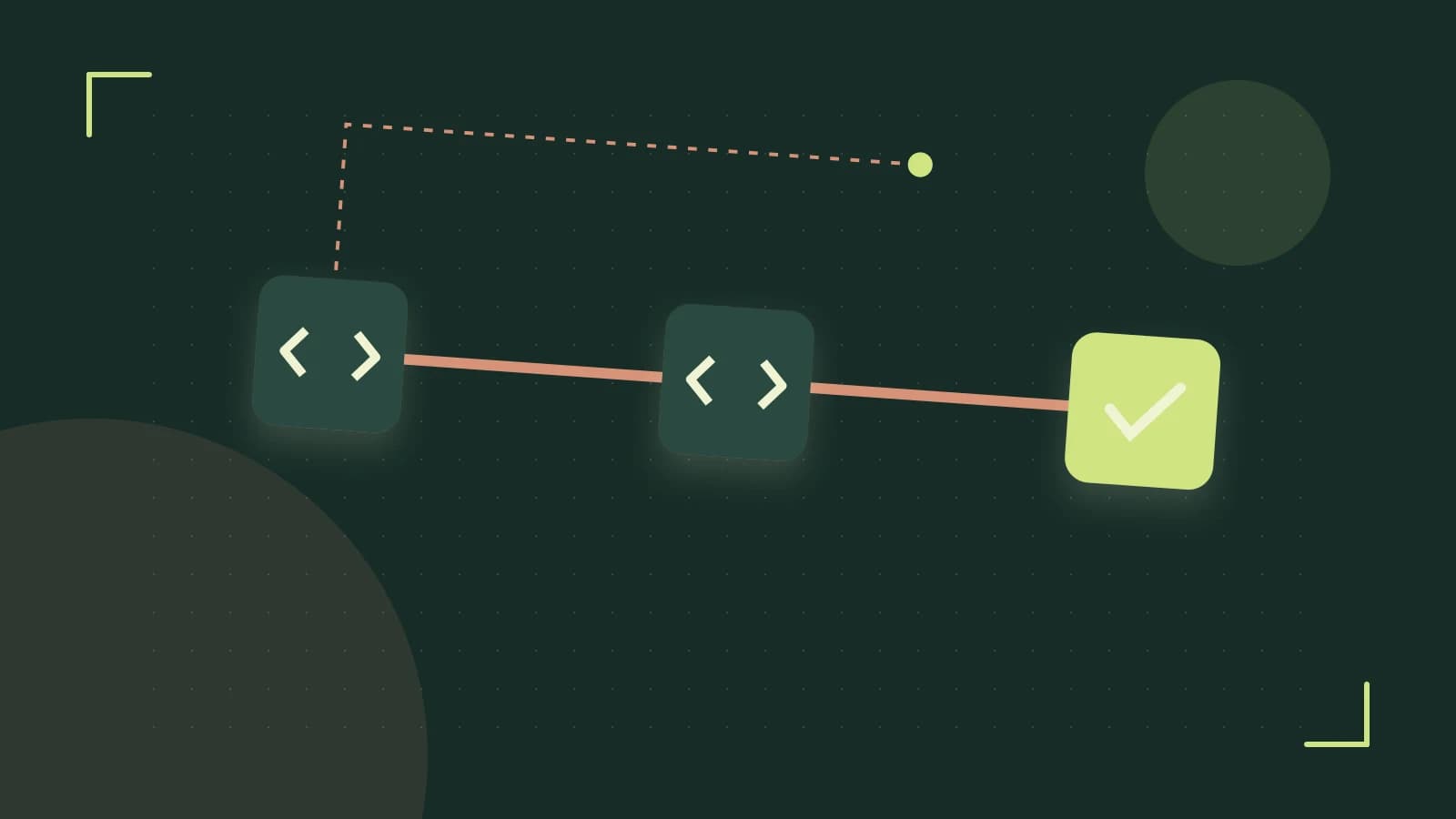 Editorial illustration of a branching build pipeline, staged transformations and a completed check