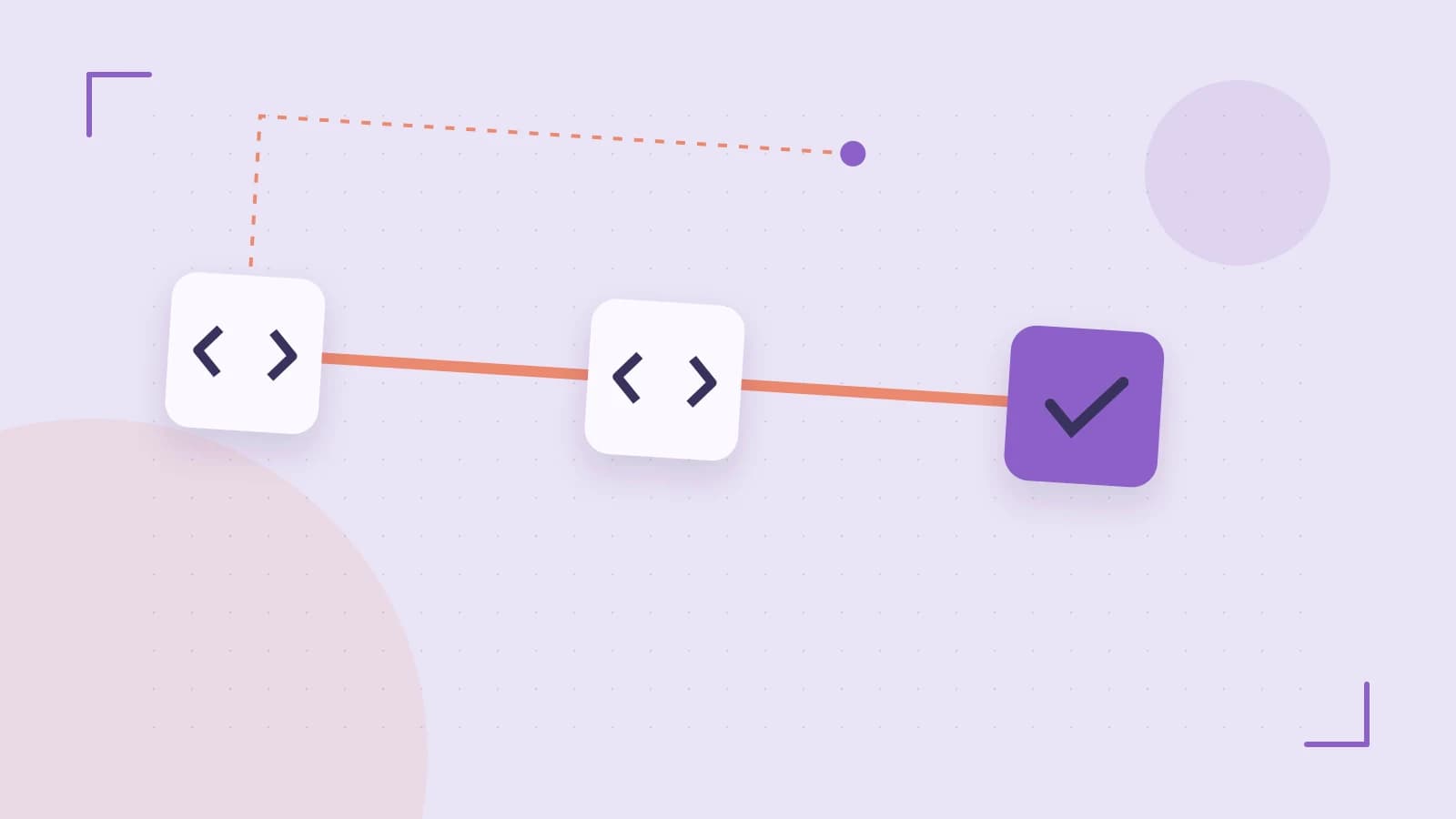 Editorial illustration of a branching build pipeline, staged transformations and a completed check
