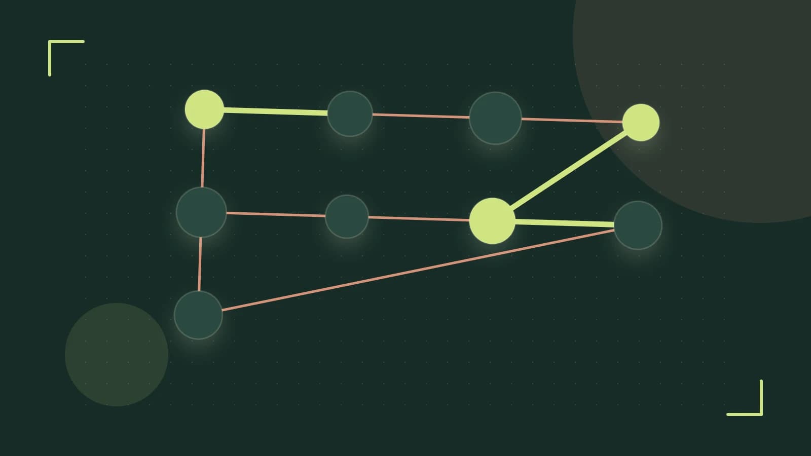 Editorial illustration of an algorithmic node graph with branching paths and a highlighted result