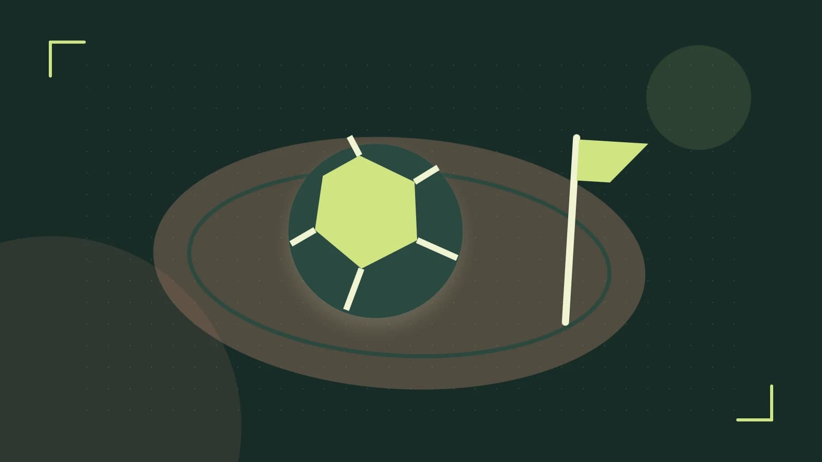 Editorial illustration of a stylized sports ball, stadium geometry and dynamic arcs