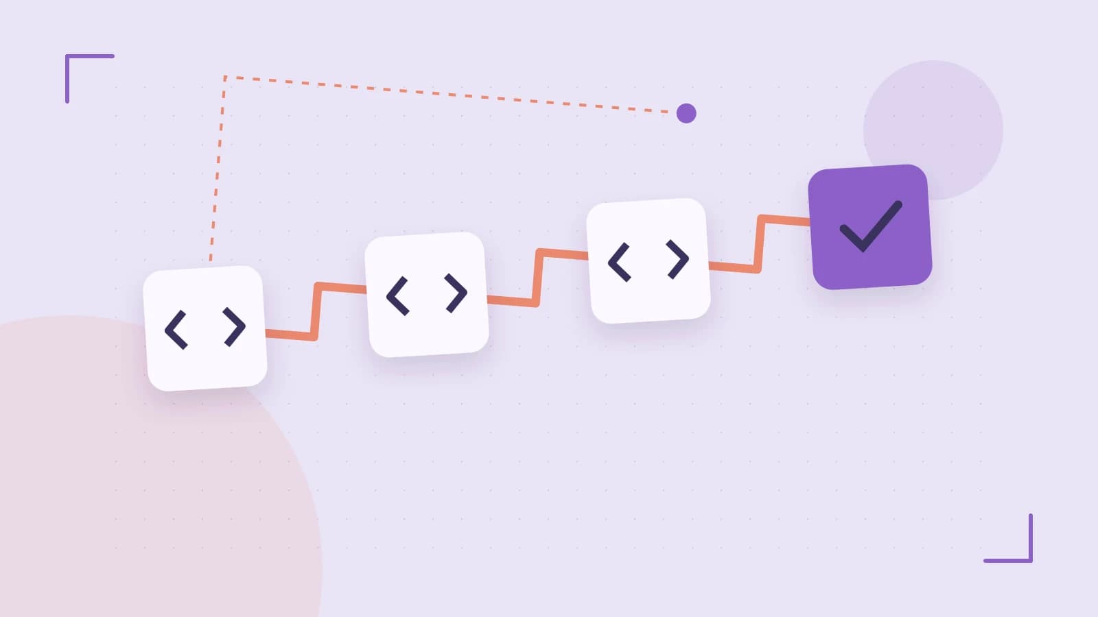 Editorial illustration of a branching build pipeline, staged transformations and a completed check