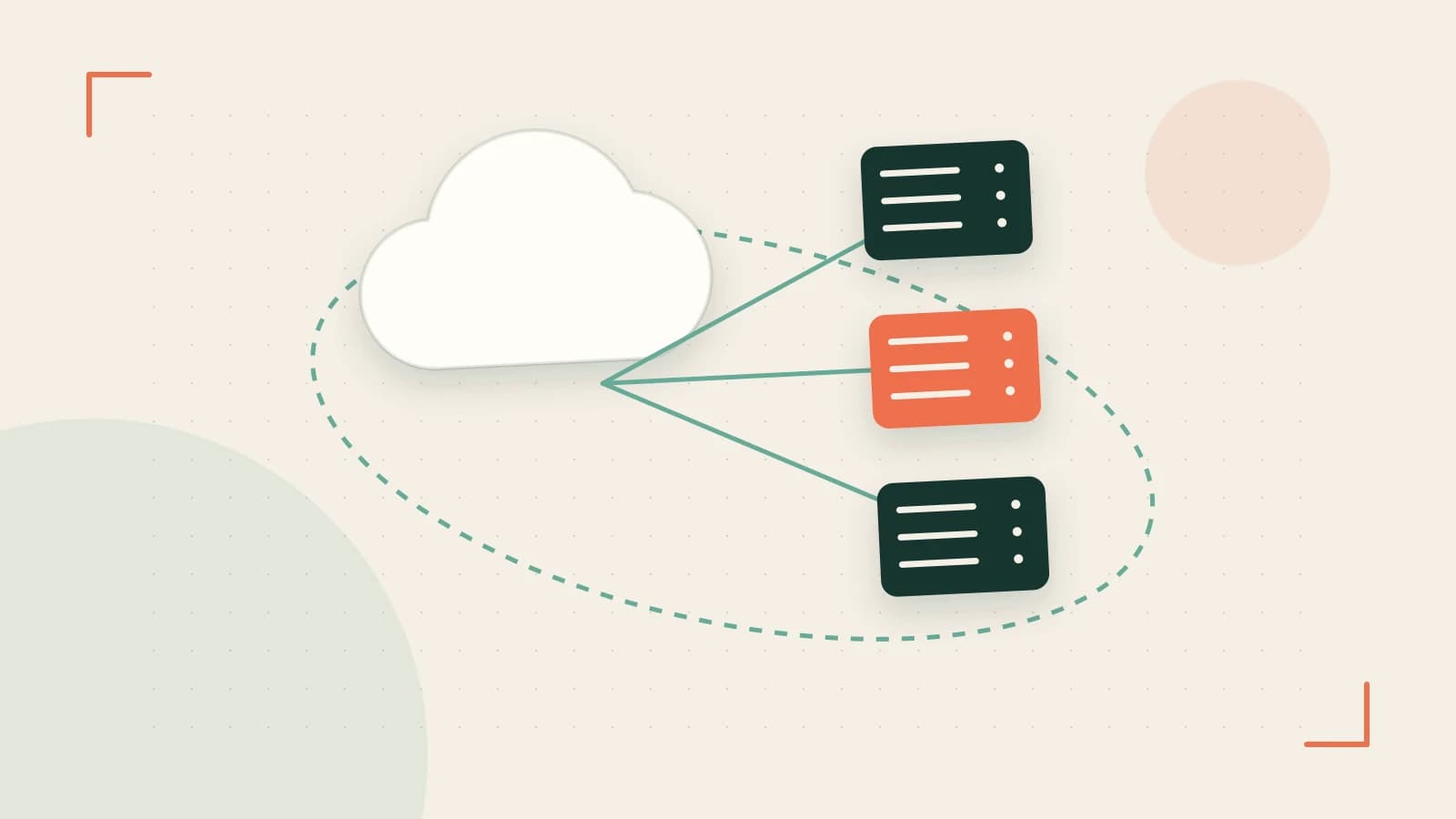 Editorial illustration of cloud infrastructure, connected server racks and an orbital service map