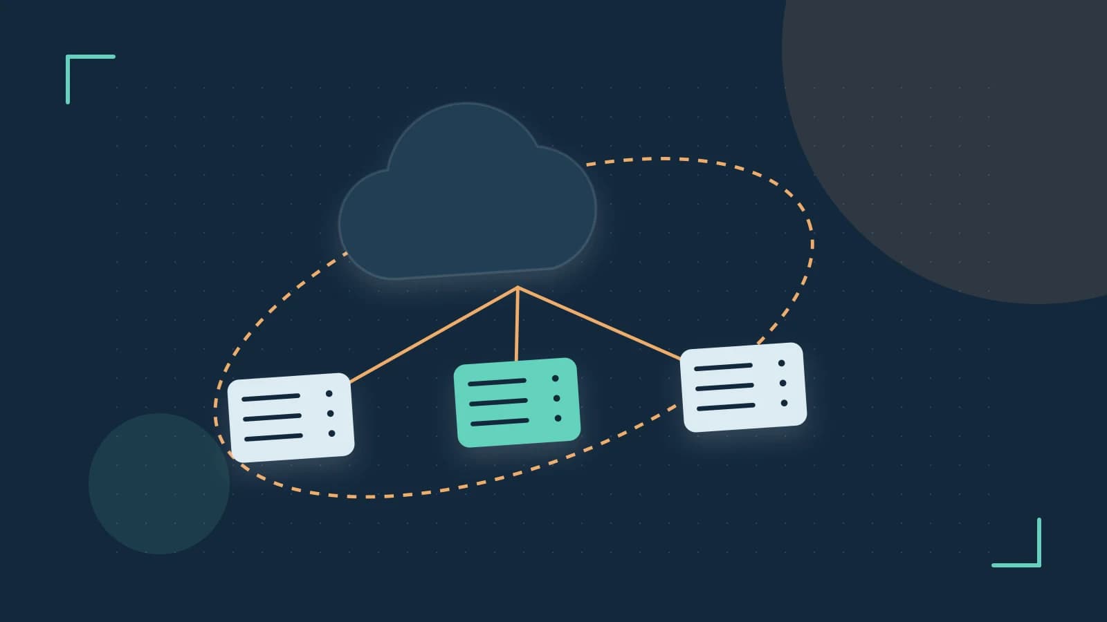 Editorial illustration of cloud infrastructure, connected server racks and an orbital service map