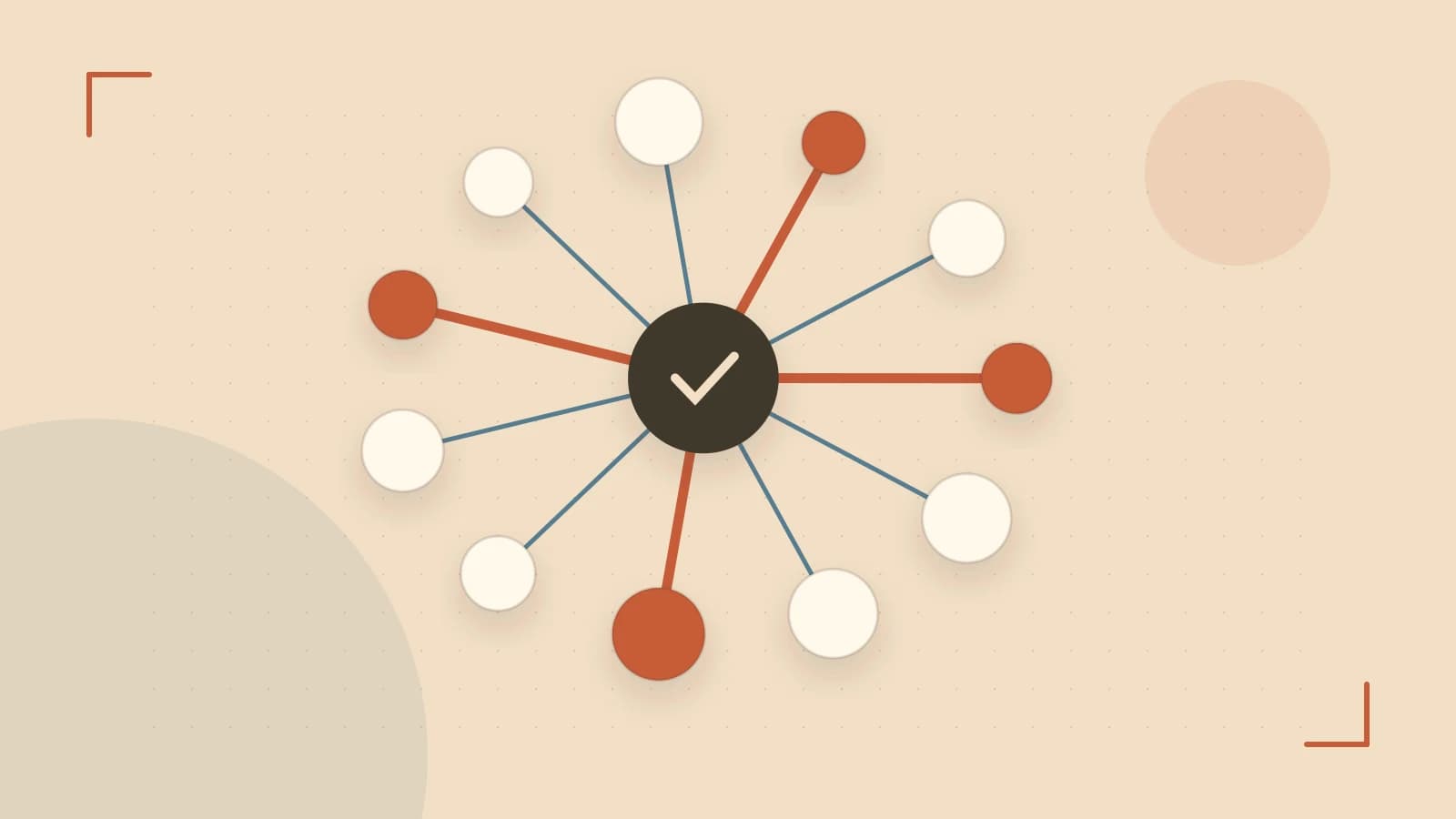 Editorial illustration of an algorithmic node graph with branching paths and a highlighted result