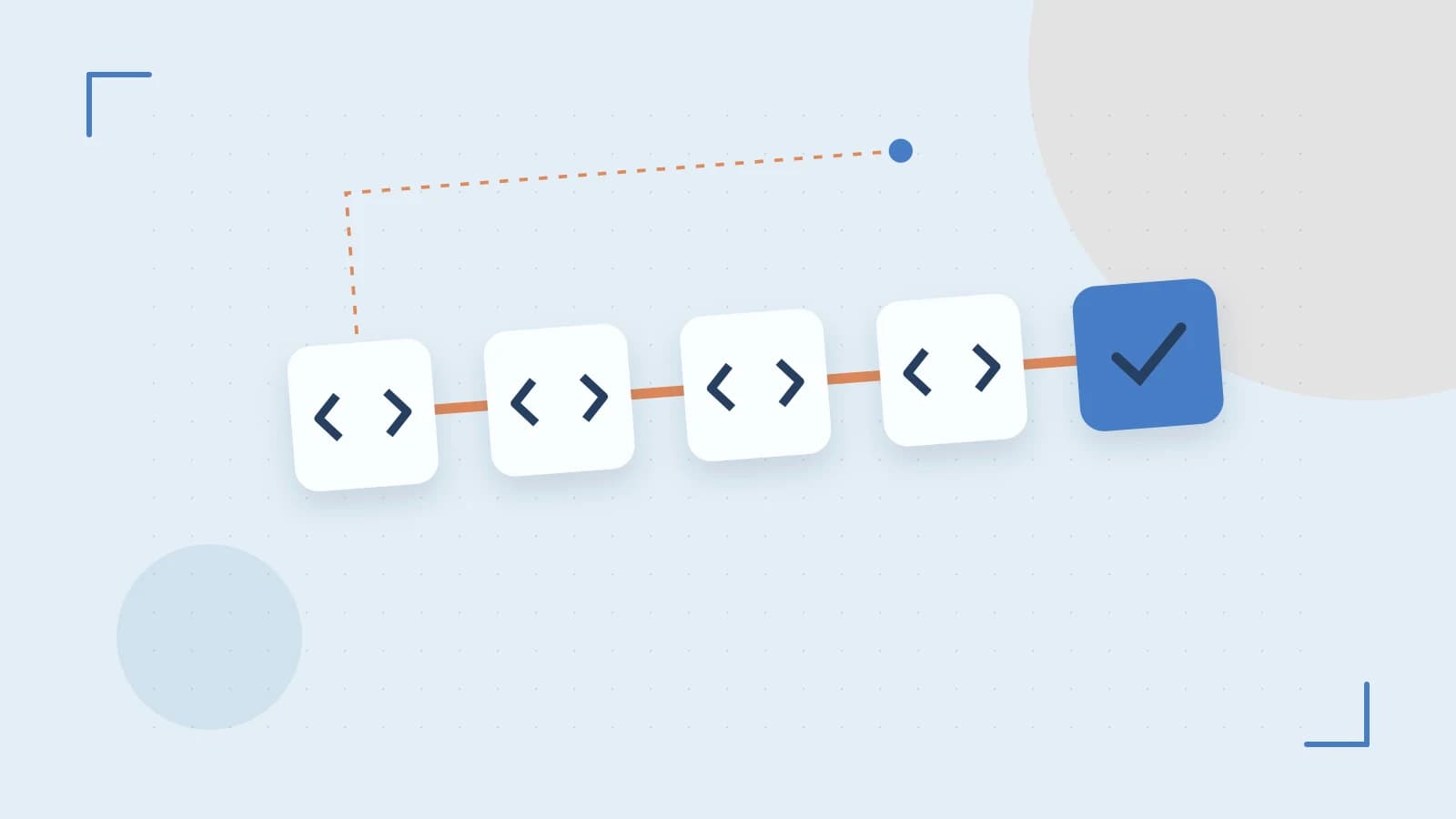 Editorial illustration of a branching build pipeline, staged transformations and a completed check