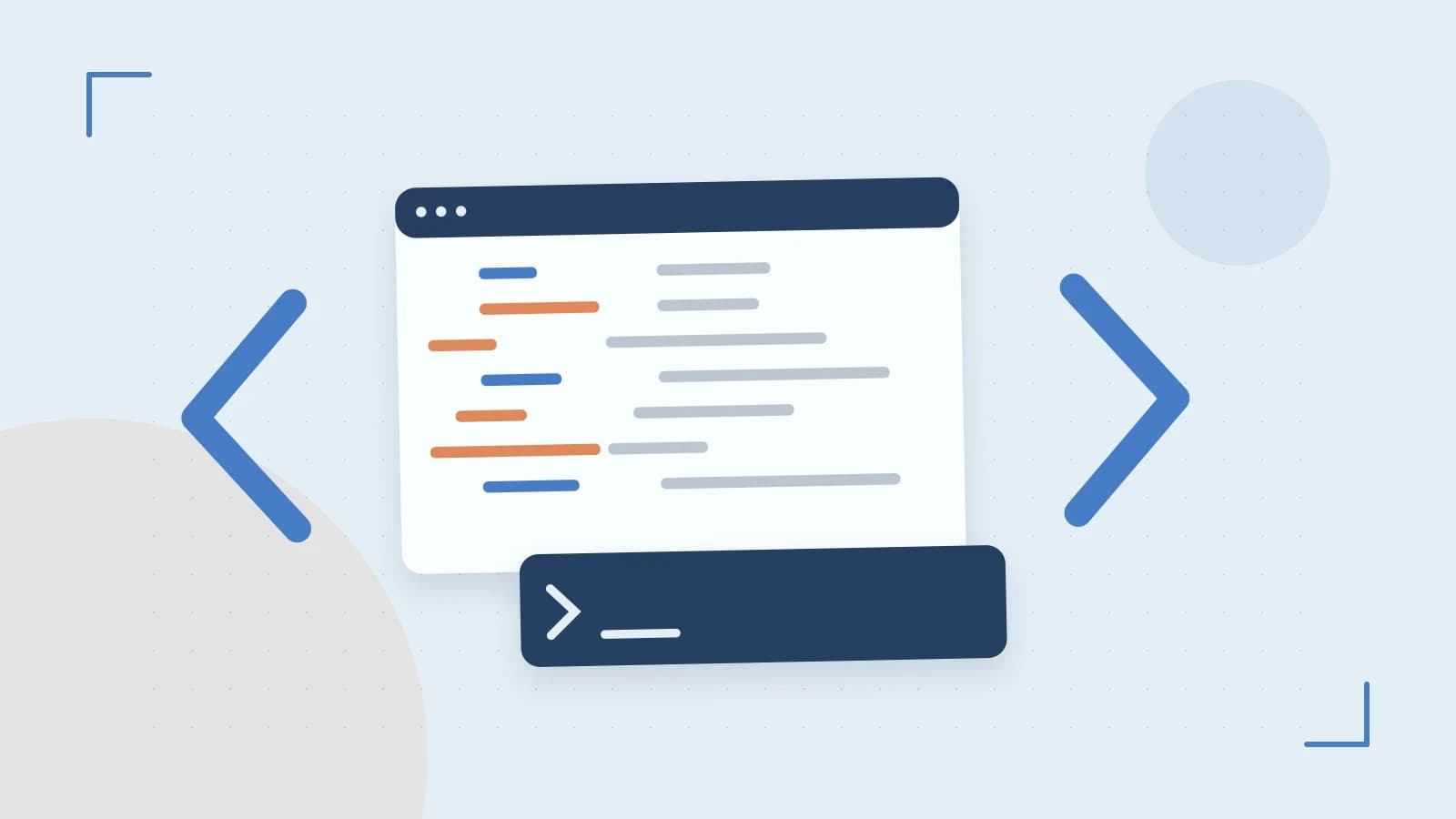 Editorial illustration of an abstract code editor, syntax blocks and oversized programming brackets