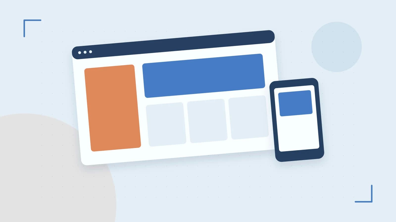 Editorial illustration of responsive browser layouts, overlapping design components and a color system