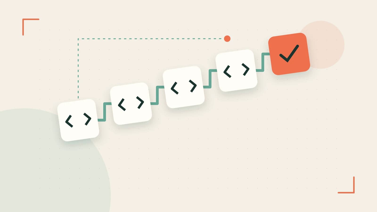 Editorial illustration of a branching build pipeline, staged transformations and a completed check