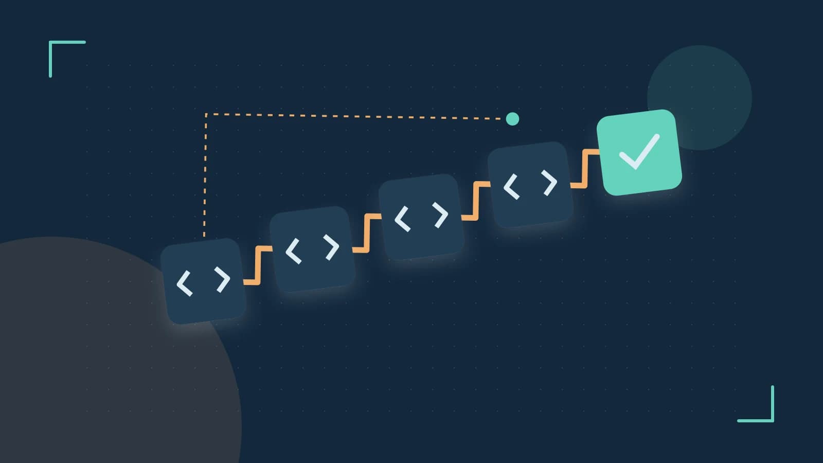 Editorial illustration of a branching build pipeline, staged transformations and a completed check