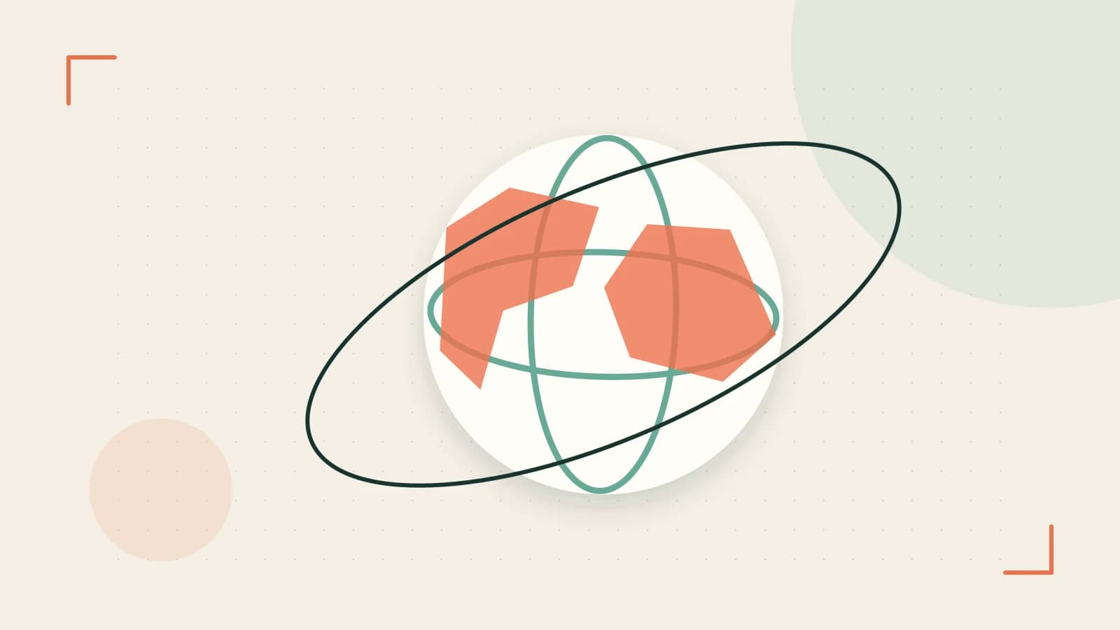 Editorial illustration of an editorial globe with meridians and layered geographic shapes