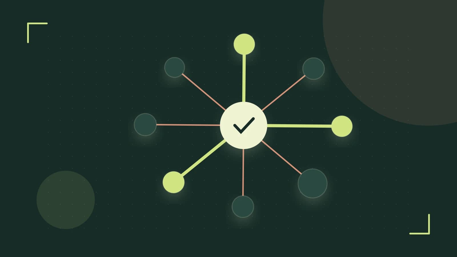 Editorial illustration of an algorithmic node graph with branching paths and a highlighted result