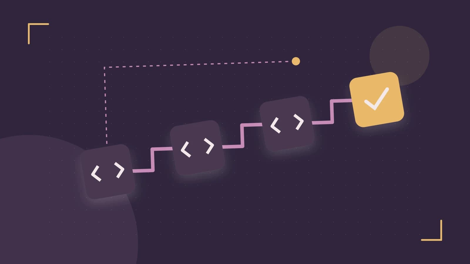 Editorial illustration of a branching build pipeline, staged transformations and a completed check