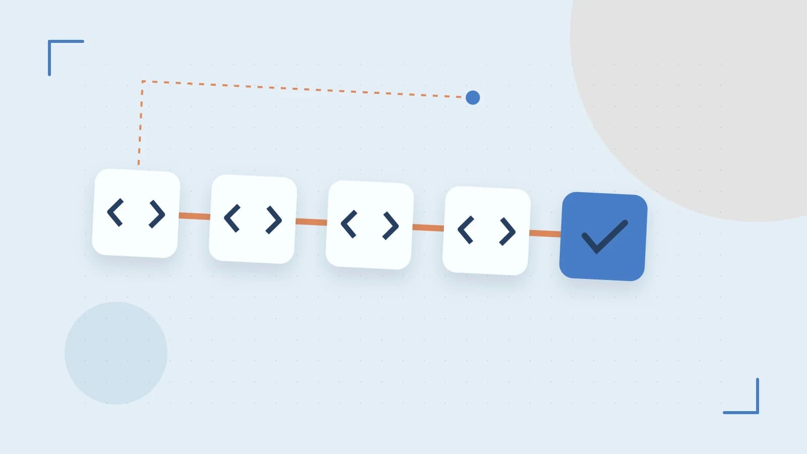 Editorial illustration of a branching build pipeline, staged transformations and a completed check