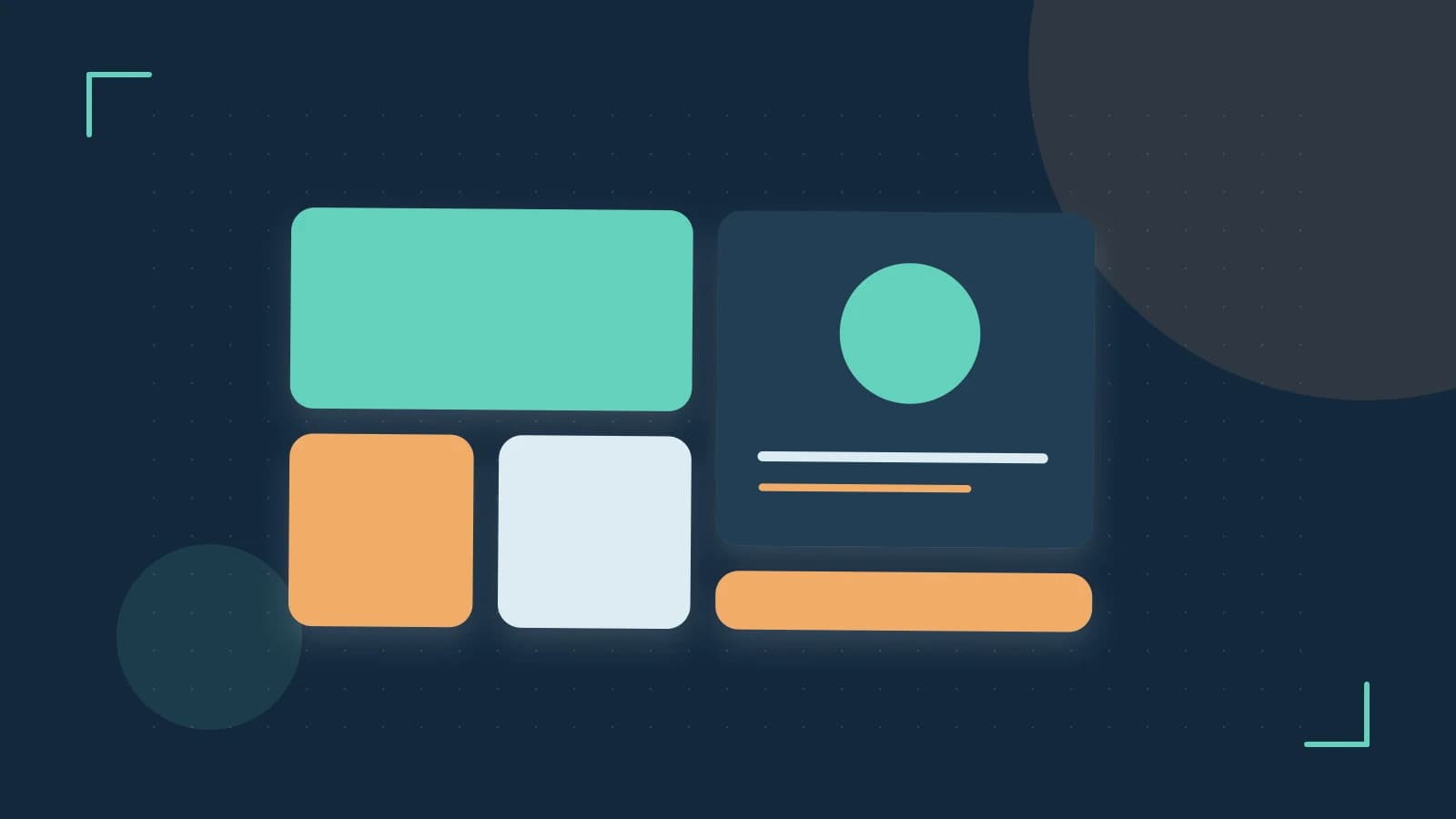 Editorial illustration of responsive browser layouts, overlapping design components and a color system