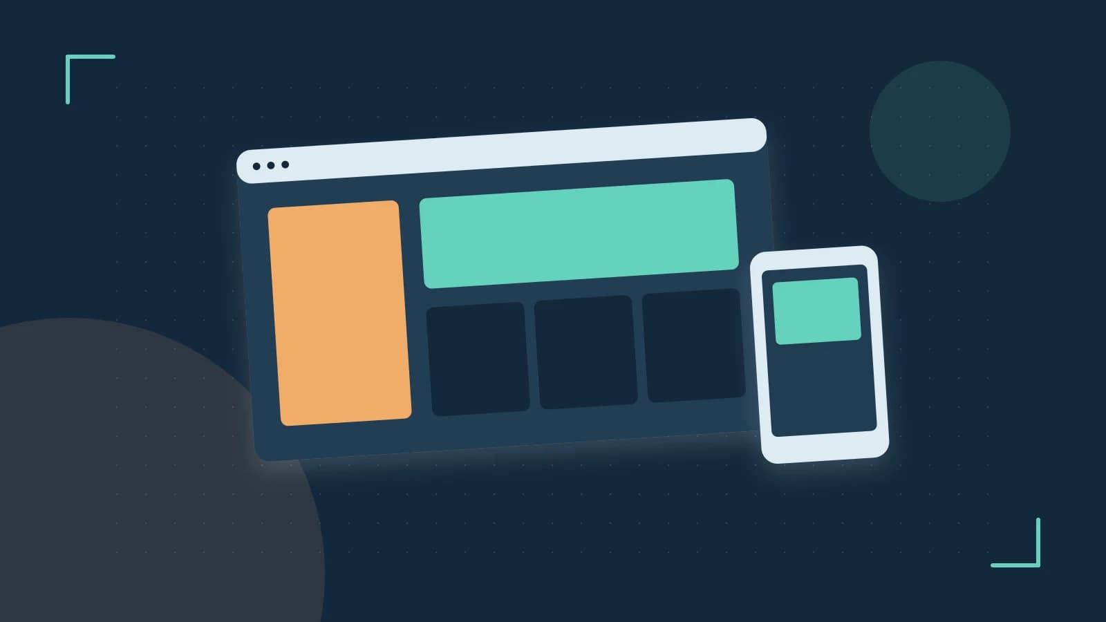 Editorial illustration of responsive browser layouts, overlapping design components and a color system