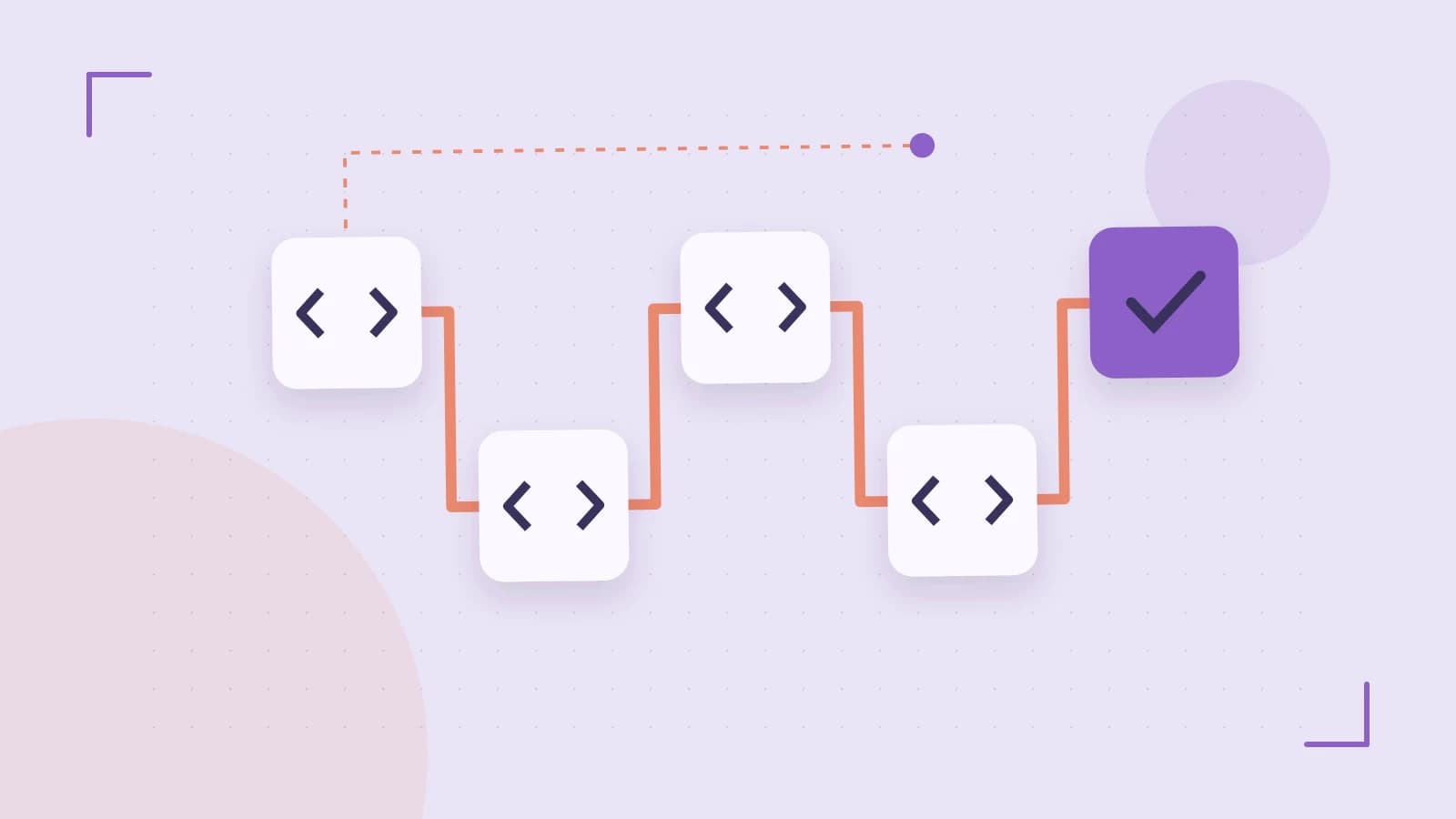 Editorial illustration of a branching build pipeline, staged transformations and a completed check