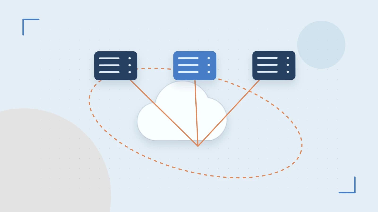 Editorial illustration of cloud infrastructure, connected server racks and an orbital service map