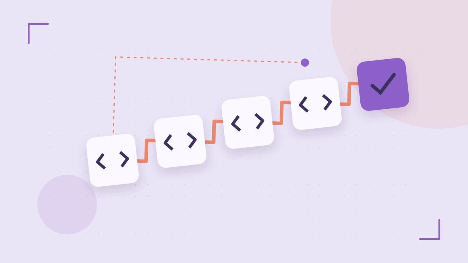 Editorial illustration of a branching build pipeline, staged transformations and a completed check