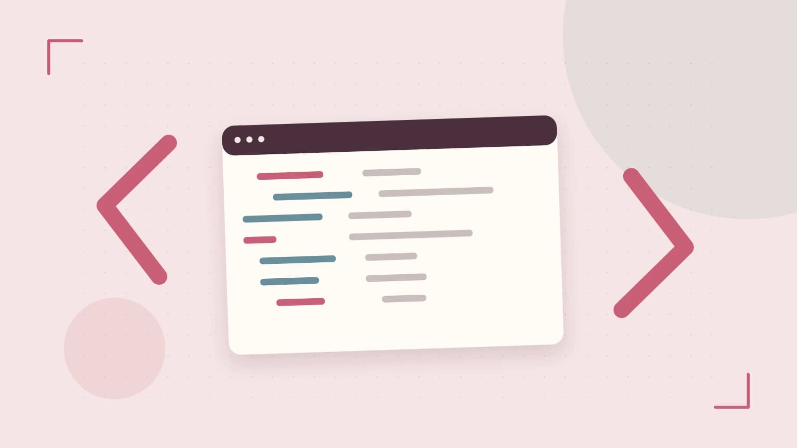 Editorial illustration of an abstract code editor, syntax blocks and oversized programming brackets