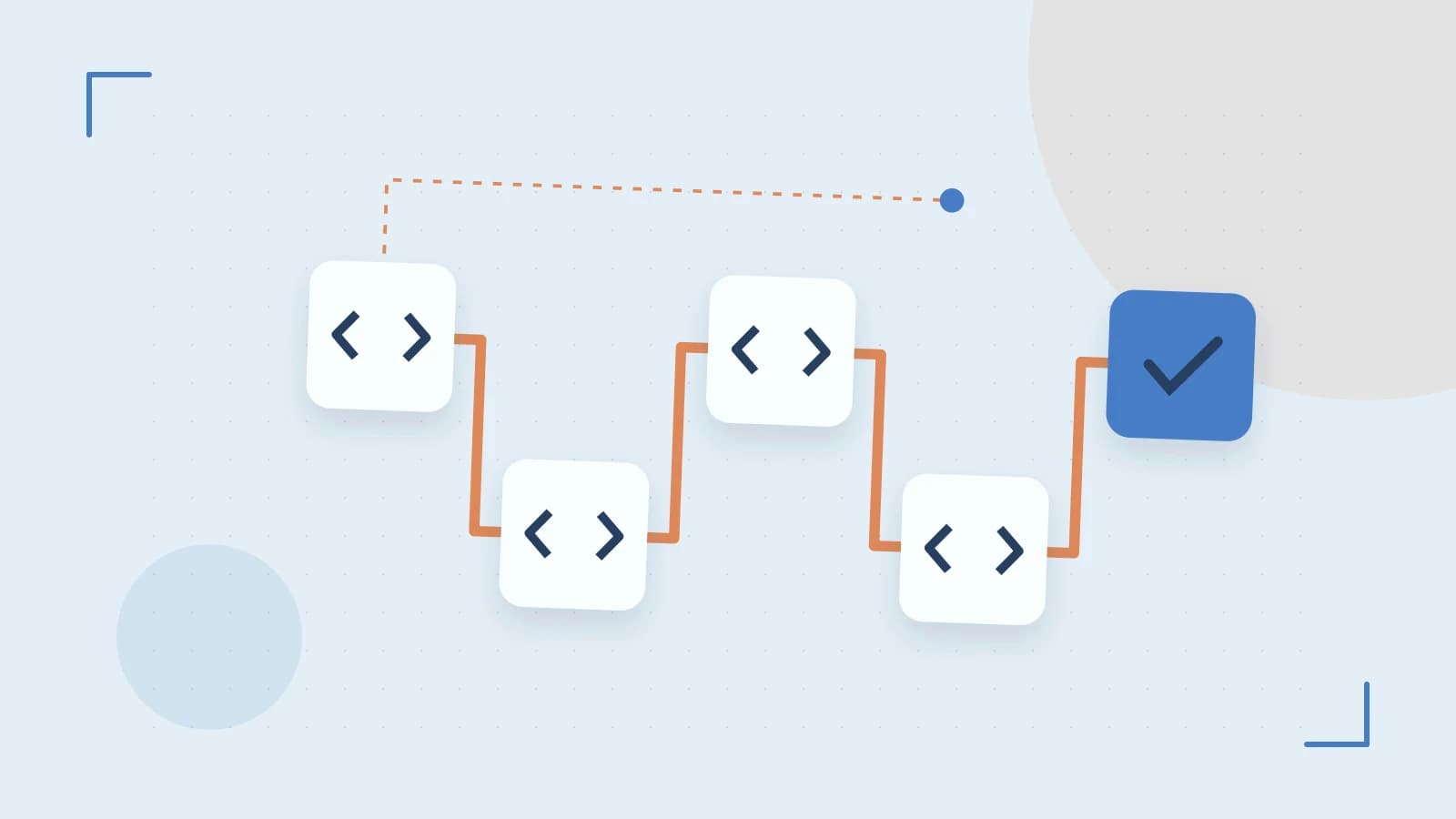Editorial illustration of a branching build pipeline, staged transformations and a completed check