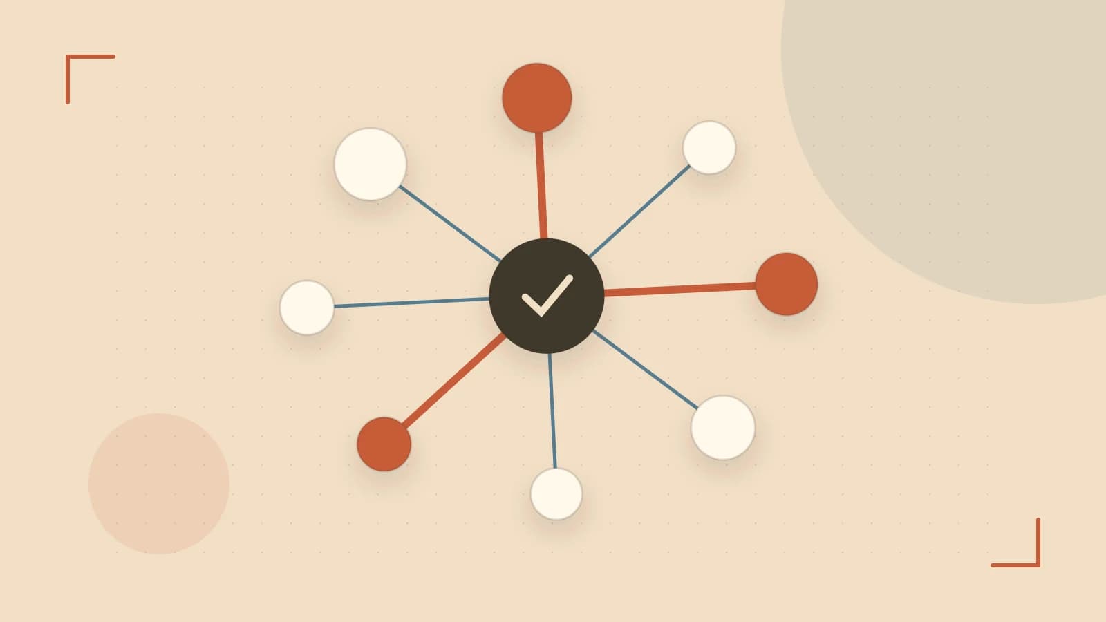 Editorial illustration of an algorithmic node graph with branching paths and a highlighted result